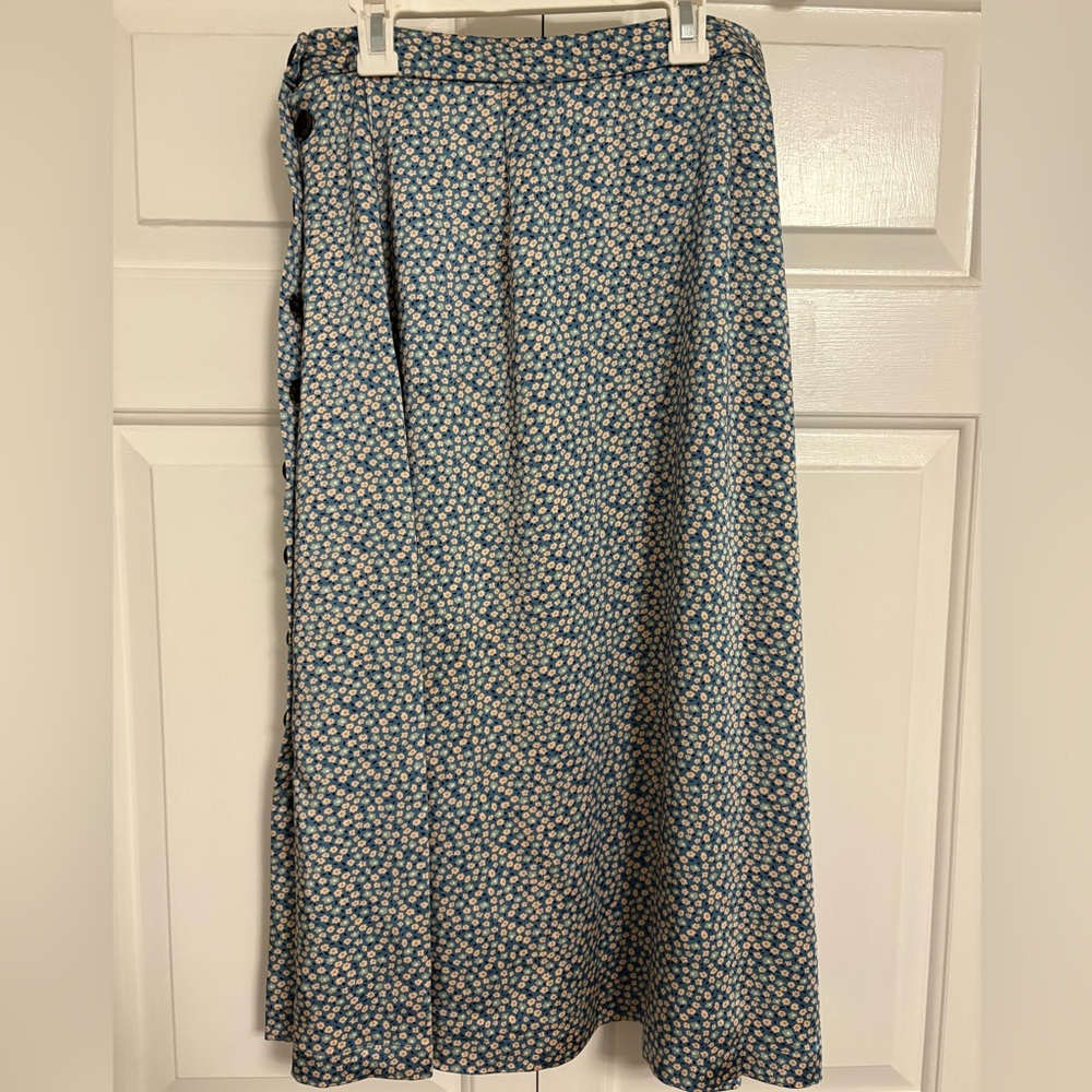 Madewell Satin Blue and Pink Floral Midi Skirt